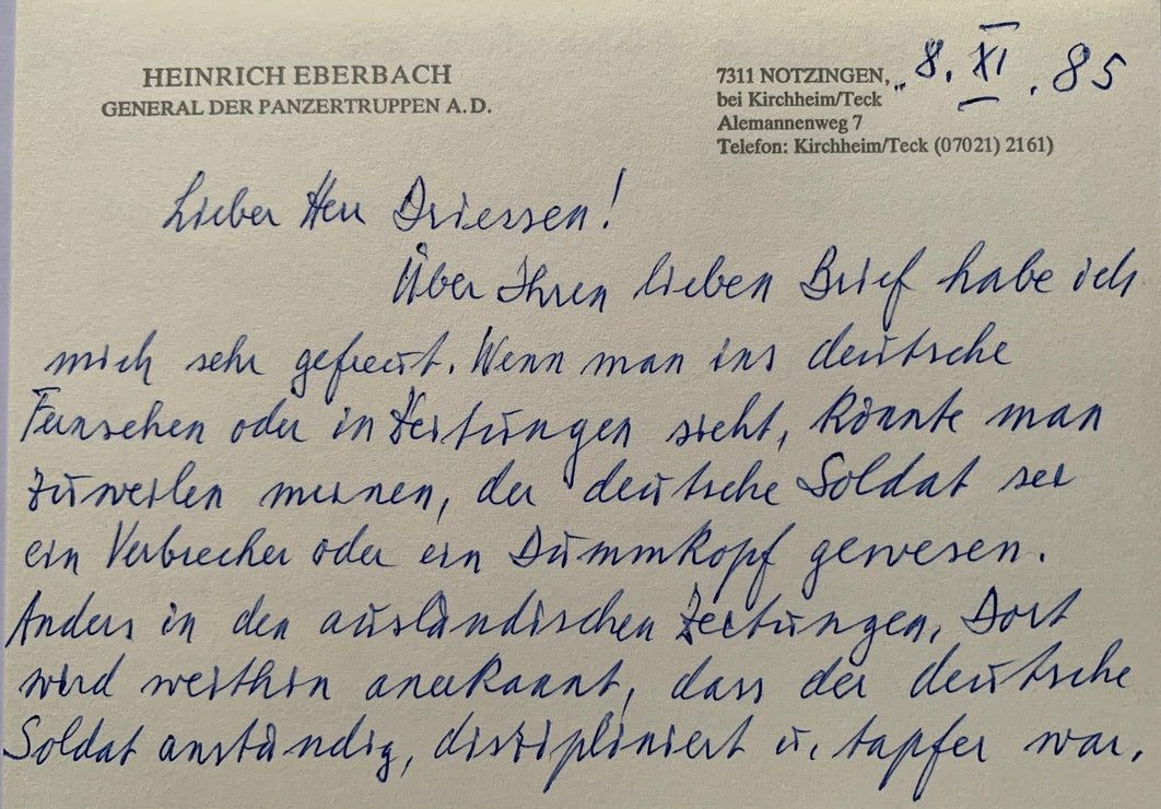 General der Panzertruppen Heinrich Eberbach Hand Written Letter
