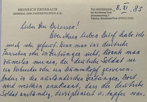 General der Panzertruppen Heinrich Eberbach Hand Written Letter