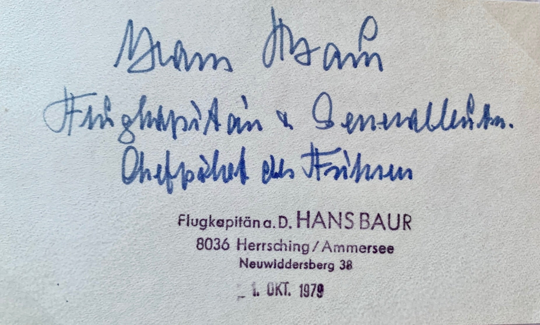 Hans Bauer: Chief Pilot to The Führer. Hand Signed Business Card