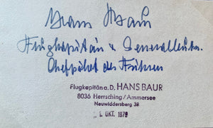 Hans Bauer: Chief Pilot to The Führer. Hand Signed Business Card