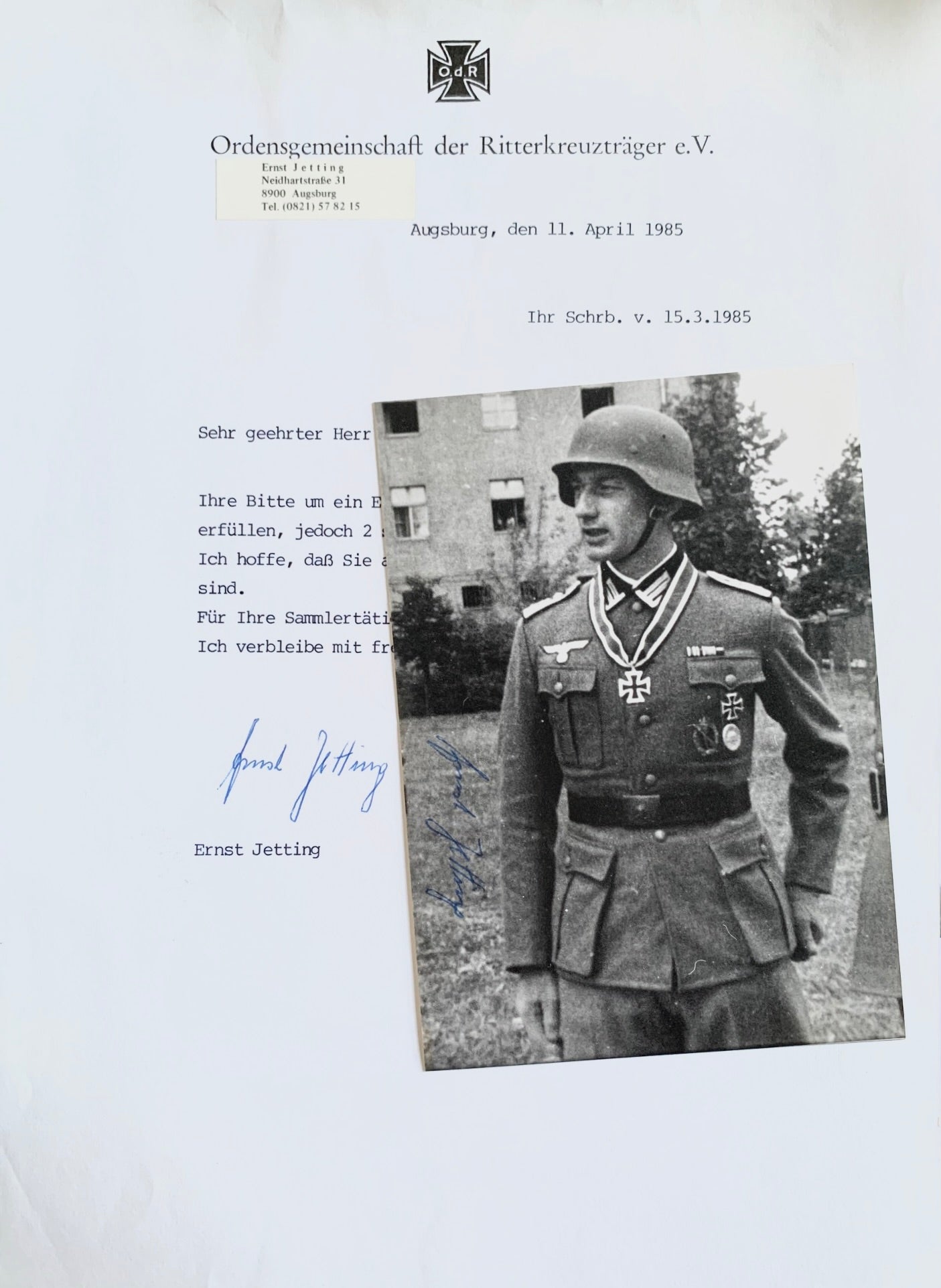 Ernst Jetting: Knight's Cross Holder with the Grenadier  Regiment 29: Hand Signed Photograph Grouping