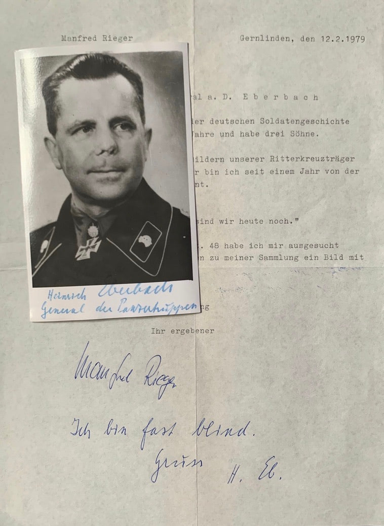 General der Panzertruppen Heinrich Eberbach Hand Signed Photograph & Letter