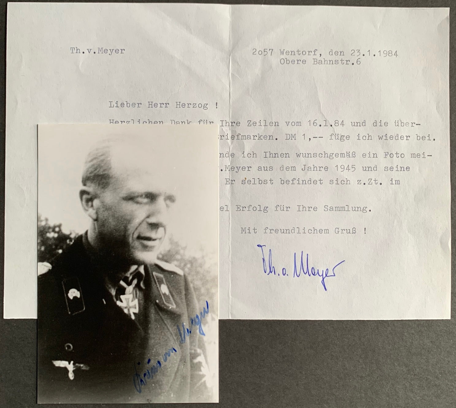 Kuno von Meyer: Oakleaves holder with Panzer Brigade 103. Signed photo and letter