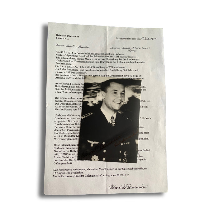 Heinrich Dammeier:  U-270 Hand Signed Photograph & Hand Signed Lebenslauf