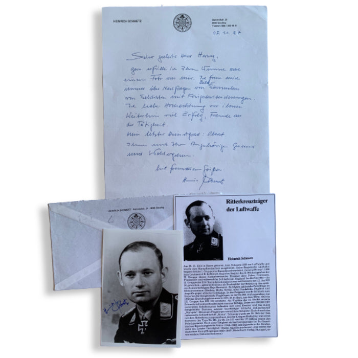 Heinrich Schmetz - Knight's Cross holder with KG100. Hand Signed Photo, Hand Written Letter, Print Out & Envelope