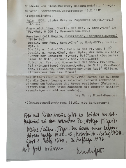 Ernst Nordewin von Diest-Körber: (schwere) Panzer Abteilung 503: Hand Signed Photograph & Letter