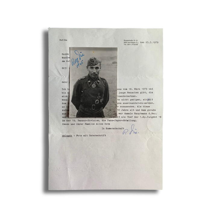 Rolf Düe: Panzerjäger Abteilung 19: Hand Signed Photograph & Letter